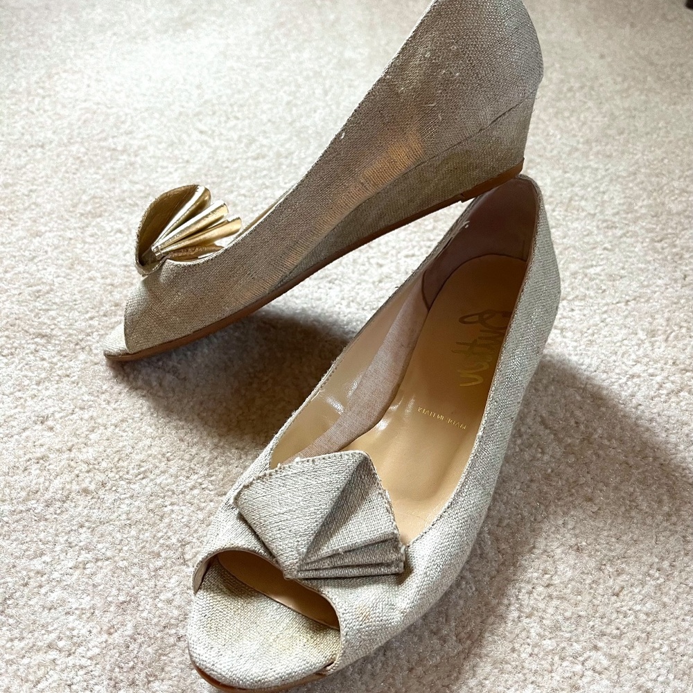 Linen, wedge open toe shoes